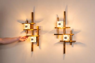 Gaetano Sciolari Set of Two Wall Appliques by Gaetano Sciolari in Brass and Glass Italy 1970s