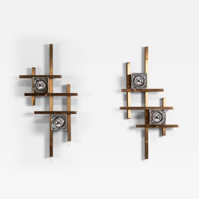 Gaetano Sciolari Set of Two Wall Appliques by Gaetano Sciolari in Brass and Glass Italy 1970s