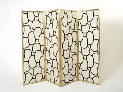 Galerie Maison et Jardin Four Panel brass and silk fabric screen 1970