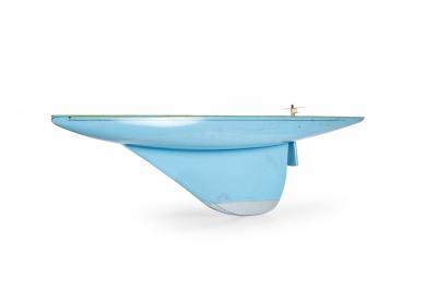 Games Industries Mid Century English Blue Painted Wooden Ships Hull Model