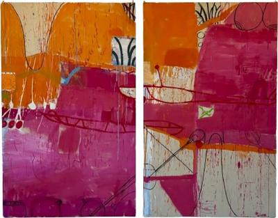 Gary Komarin Contemporary Abstract Painting Massive Diptych Pink Orange