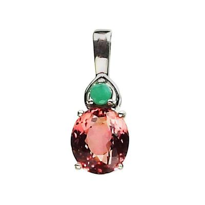 Gemjunky Oval Dark Peach Color Tourmaline and Emerald Pendant in Sterling Silver
