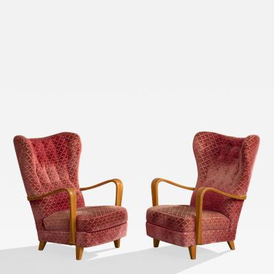 Gemla Lounge Chairs with Wood and Velvet Sweden 1940s