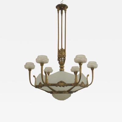 Genet et Michon French Art Deco Gilded Bronze 6 Sided Frosted New Glass Chandelier