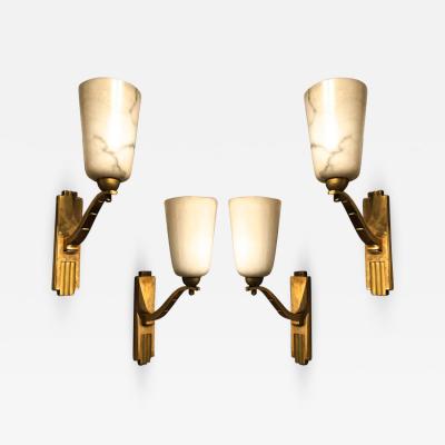 Genet et Michon Genet Michon exceptional quality gold bronze and alabaster 4 sconces