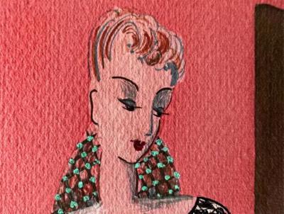 Genevi ve Thomas Art Deco 1940s High Fashion Illustration Woman with Fan and Screen