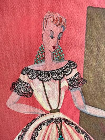 Genevi ve Thomas Art Deco 1940s High Fashion Illustration Woman with Fan and Screen