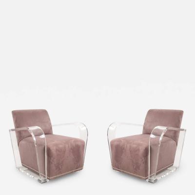 Geoffrey Bradfield Contemporary Dark Gray Suede and Lucite Lounge Armchairs