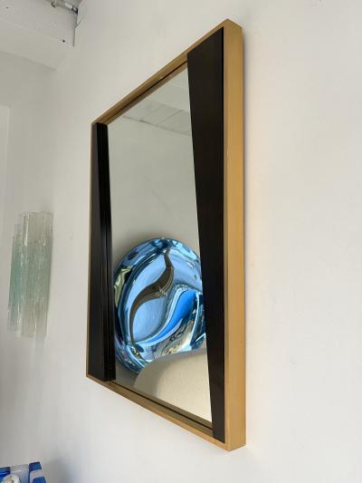 Geometrical Wood and Brass Mirror Italy 1970s