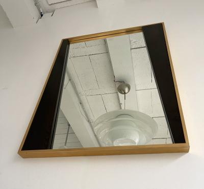 Geometrical Wood and Brass Mirror Italy 1970s