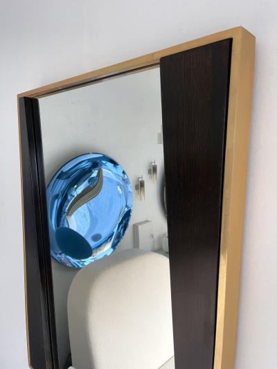 Geometrical Wood and Brass Mirror Italy 1970s