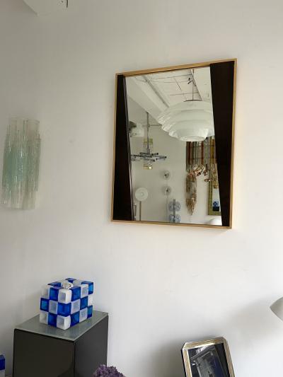 Geometrical Wood and Brass Mirror Italy 1970s