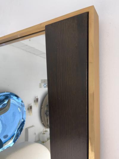 Geometrical Wood and Brass Mirror Italy 1970s