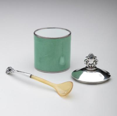 Georg Jensen Acorn Mustard Pot No 815F Spoon with Royal Copenhagen Green Pot