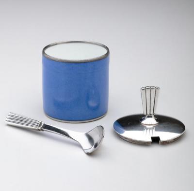 Georg Jensen Georg Jensen Bernadotte Mustard Pot Spoon with Royal Copenhagen Blue Pot