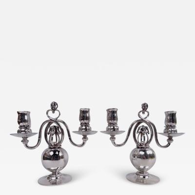 Georg Jensen Pair of Georg Jensen Danish Modern 2 Light Pomegranate Candelabra