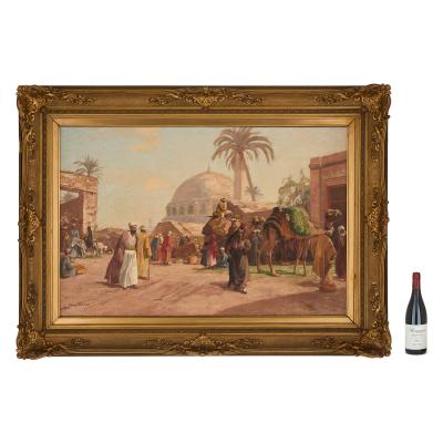Georg Macco Antique German Orientalist painting of a Cairo street by Macco