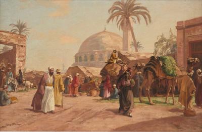 Georg Macco Antique German Orientalist painting of a Cairo street by Macco