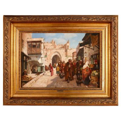 Georg Macco Orientalist oil painting of Damascus Gate in Jerusalem by Macco