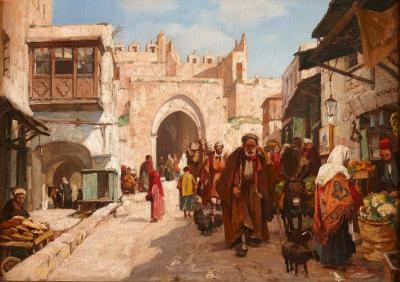 Georg Macco Orientalist oil painting of Damascus Gate in Jerusalem by Macco