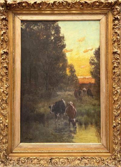 George Arthur Hays Cows at Stream Sunset 