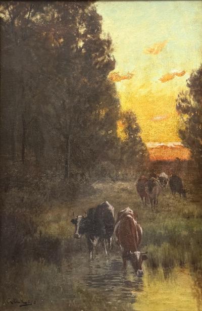 George Arthur Hays Cows at Stream Sunset 