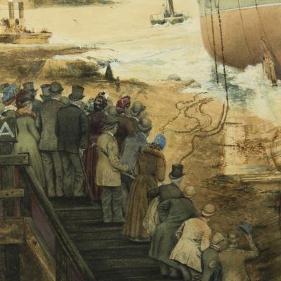 George Edward Horton The Launch of H M S Victoria from the Elswick shipyard