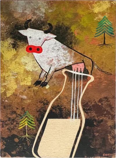George Giusti Cute Cow Milks into Bottle Mid Century Illustration