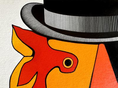 George Giusti Lion in Bowler Hat Graphic in Yellow Red Blue Holiday Magazine Mid Centur