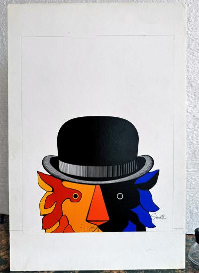 George Giusti Lion in Bowler Hat Graphic in Yellow Red Blue Holiday Magazine Mid Centur