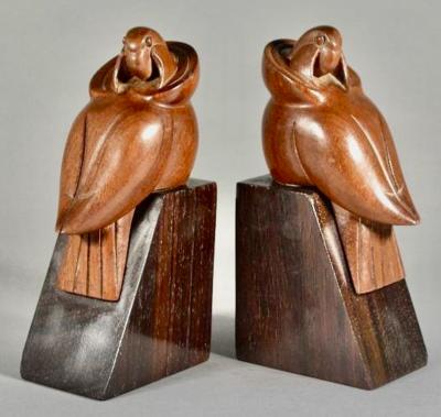 George H Laurent Art Deco Bookends of Parrots in Wood by George Laurent