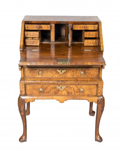 George I Brass Mounted Burr Walnut Small Bureau On Stand