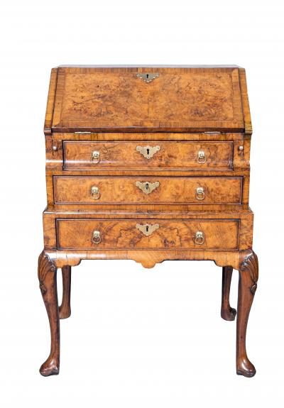 George I Brass Mounted Burr Walnut Small Bureau On Stand