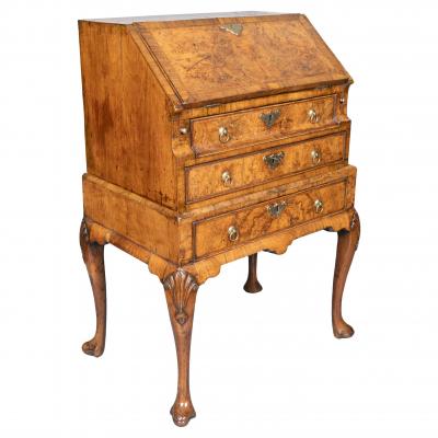 George I Brass Mounted Burr Walnut Small Bureau On Stand