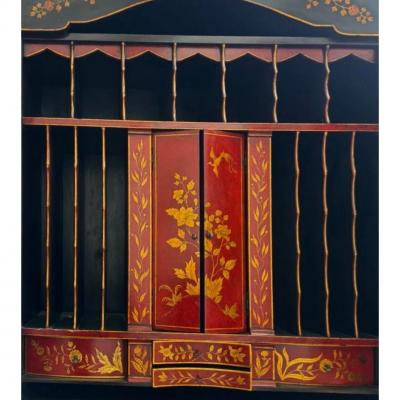 George I Style Black Gold Chinoiserie Secretary Desk With Red Interior