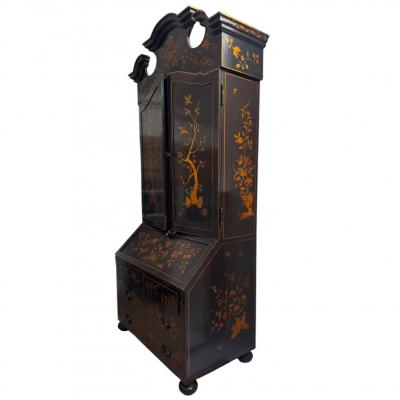 George I Style Black Gold Chinoiserie Secretary Desk With Red Interior