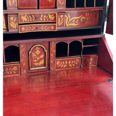 George I Style Black Gold Chinoiserie Secretary Desk With Red Interior