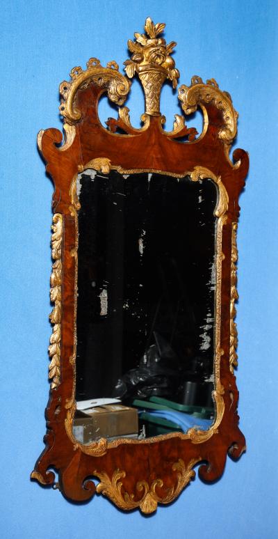 George II Parcel Gilt Figured Walnut Mirror