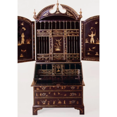George II Style Black Gold Lacquer Chinoiserie Secretary Desk Bookcase