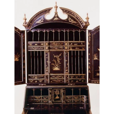 George II Style Black Gold Lacquer Chinoiserie Secretary Desk Bookcase