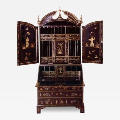 George II Style Black Gold Lacquer Chinoiserie Secretary Desk Bookcase