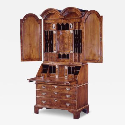 George III Burl Walnut Secretary Desk Bookcase