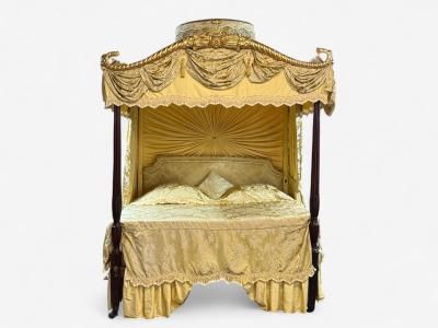 George III Mahogany Gilt Wood Silk Canopy Bed England c 1880s