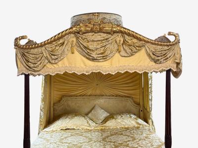 George III Mahogany Gilt Wood Silk Canopy Bed England c 1880s