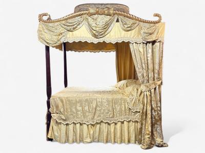 George III Mahogany Gilt Wood Silk Canopy Bed England c 1880s