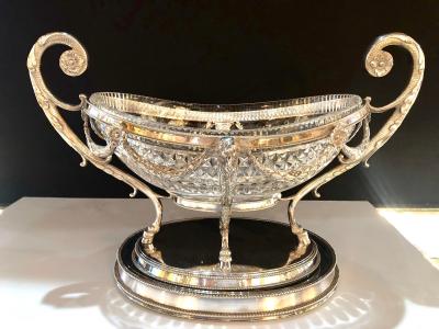 George III Style Silver Plated Oval Center Bowl with Cut Glass Liner