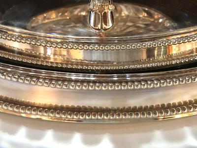 George III Style Silver Plated Oval Center Bowl with Cut Glass Liner