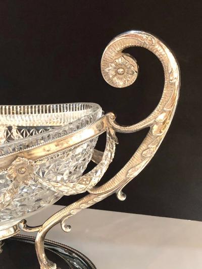George III Style Silver Plated Oval Center Bowl with Cut Glass Liner