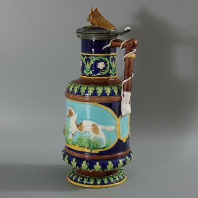 George Jones Majolica Fox and Dog Lidded Jug Pitcher