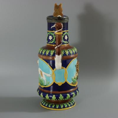George Jones Majolica Fox and Dog Lidded Jug Pitcher
